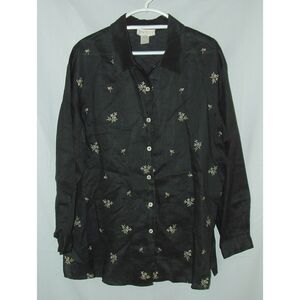 JORDAN Embroidered Floral Front Black Sz XL Roomy 100% Linen Button Up Blouse